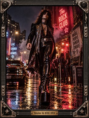 A swaggering glam rocker strides toward the viewer along a rain slick 1970s street, his black leather and platform boots glowing beneath red neon. A vintage car, smoky club entrance, and shadowy onlookers enrich the cinematic atmosphere. Reflective pavement, dramatic lighting, and a guitar inspired metal frame complete the rebellious composition.