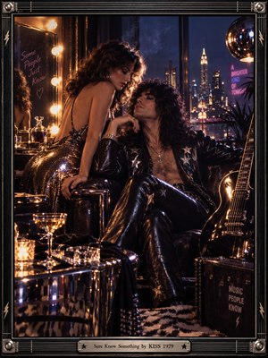A glamorous couple shares an intimate moment in a luxurious 1970s rock lounge overlooking a glittering city skyline. Warm amber vanity lights contrast with deep blue shadows and shimmering metallic fabrics. A black electric guitar, crystal glasses, and mirrored surfaces enhance the cinematic atmosphere, enclosed within an ornate guitar-inspired frame.