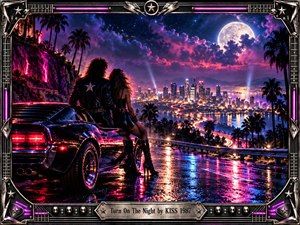 A leather-clad couple overlooks a glittering city beside a black muscle car on a rain-soaked hillside road. Magenta, violet, and electric blue reflections illuminate the romantic nightscape beneath a glowing full moon. Palm trees, winding light trails, and dramatic clouds complete the cinematic digital artwork, enclosed in an ornate chrome guitar-themed frame.