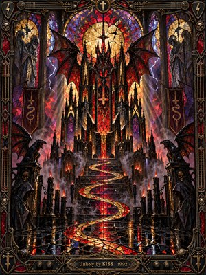 A sinister Gothic cathedral glows with crimson, gold, and violet stained glass. A towering winged throne dominates the altar beneath a fractured halo, while a serpentine mosaic pathway winds through flickering candles and drifting smoke. Menacing gargoyles, shadowy statues, and ornate metallic framing create a dramatic, unholy atmosphere.