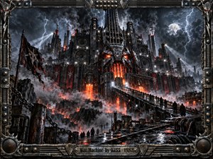 A colossal skull-faced industrial fortress towers over a ruined wasteland beneath lightning and a ghostly moon. Molten orange furnaces illuminate blackened steel as shadowy figures cross a rain-slick bridge. Smoke, tattered banners, and towering speakers intensify the apocalyptic atmosphere. Ornate riveted metal framing completes this dramatic digital artwork.
