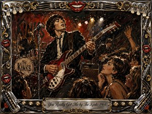 A fiery vintage rock performance captures The Kinks amid a packed, ecstatic crowd, driven by electric guitars, drums, and glowing stage lights. Thick oil-paint textures, deep blacks, crimson reds, warm amber highlights, and metallic accents create raw 1960s energy. An ornate chrome-and-gold musical frame with red lips surrounds the scene.