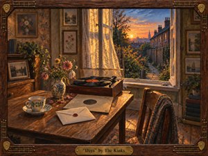 A warmly lit vintage British room opens onto a sunset garden, evoking quiet gratitude and remembrance. Golden light spills across a worn wooden table with a turntable, sealed letter, flowers, and teacup. Rich wood, lace, floral wallpaper, and dusky blue skies create a nostalgic, handcrafted painterly atmosphere.