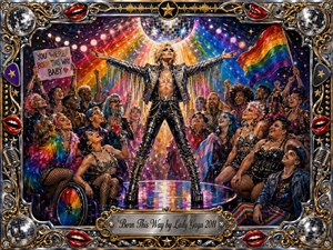 A radiant glam-rock performer stands triumphantly beneath a mirrored disco ball, surrounded by a joyful, diverse crowd celebrating individuality and freedom. Rainbow beams, glittering stage lights, metallic costumes, and confetti create an ecstatic mood. Rich acrylic textures, vivid jewel colors, dramatic illumination, and an ornate chrome-and-gold musical frame complete the theatrical composition.