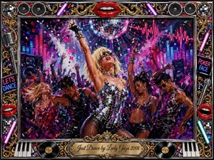 A glamorous nightclub erupts with dancers beneath a sparkling disco ball, centered on a blonde performer in a mirrored silver outfit. Hot pink, violet, blue, teal, and chrome lighting intensify the energetic acrylic textures. Confetti, neon equalizers, speakers, microphones, red lips, piano keys, vinyl records, and ornate gold details frame the euphoric scene.