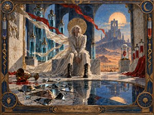 A solitary figure in flowing ivory garments sits within a surreal alchemical temple overlooking a sunlit desert citadel. Deep blues, burnished gold, crimson ribbons, glass vessels, and shattered mirrors create a tense, dreamlike atmosphere. Warm celestial light contrasts with cool marble reflections, blending classical symbolism, futuristic ritual, and handcrafted painterly detail.