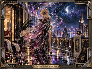 A glamorous woman in a flowing metallic gown stands on a rain-slick Art Deco rooftop above a glowing city skyline. Violet, gold, and electric-blue cosmic ribbons swirl around her beneath a crescent moon. Dramatic reflections, ornate architecture, luxurious textures, and a sculpted frame create a decadent, cinematic, dreamlike atmosphere.