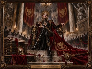 A commanding woman sits enthroned in a decadent government chamber of marble, crimson velvet, and tarnished gold. Shadowed officials, imperial banners, skulls, roses, and fallen regalia deepen the ominous mood. Dramatic chandelier light glints across black lacquered clothing and gilded details, giving the richly textured baroque oil painting a theatrical, authoritarian intensity.