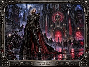 A commanding figure in glossy black leather stands beside a motorcycle before a towering gothic cathedral, surrounded by rain, chains, roses, and shadowed crowds. Crimson neon glows against steel-blue night, reflecting across wet pavement. The dramatic mixed-media aesthetic blends heavy-metal ornament, industrial decadence, romantic menace, and theatrical fashion imagery.