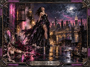 A fierce woman in a torn black-purple gown stands triumphant on a rain-slick rooftop, facing a glowing night skyline under a full moon. Neon pink reflections, steam, roses, broken glass, ballet shoes, and a fallen crown intensify the mood. Rendered as a richly textured, cinematic mixed-media painting within an ornate illuminated frame.