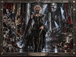 A fierce, platinum-haired figure strides through a vast industrial gothic chamber of black metal, shattered mirrors, chains, mannequins, gears, and red drapery. Cold spotlights cut through smoke, reflecting across a glossy floor. The dark metallic palette, dramatic perspective, fragmented symbolism, and handcrafted theatrical detail create a mood of defiance, power, and controlled chaos.