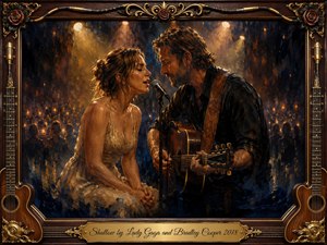 A passionate male and female duet unfolds beneath glowing stage lights, framed by a shadowy concert crowd. Rich amber, gold, deep blue, and black tones create an intimate, dramatic mood. Painterly oil textures emphasize expressive faces, an acoustic guitar, microphone, ornate rosewood framing, golden inlays, roses, strings, and engraved title plate.