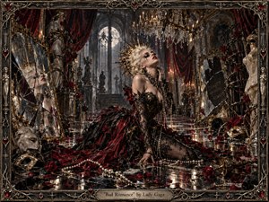 A pale, platinum-haired woman in a black-and-crimson gown kneels in a ruined gothic ballroom, surrounded by shattered mirrors, roses, pearls, masks, and candlelit decay. Moonlight and chandelier glow carve dramatic highlights across reflective floors, while the ornate thorned frame and jeweled title plate heighten the images decadent, dangerous, baroque glamour.