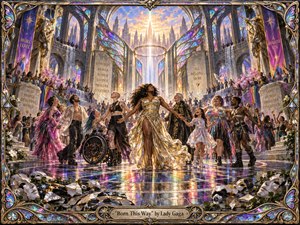 A radiant, diverse crowd gathers inside a soaring cathedral-like hall, united beneath luminous stained-glass wings and golden light. Jewel-toned reflections shimmer across the polished floor as celebratory figures hold hands in the foreground. Ornate metallic framing, sculptural details, rainbow accents, and dramatic architecture create an uplifting, theatrical mixed-media fantasy.
