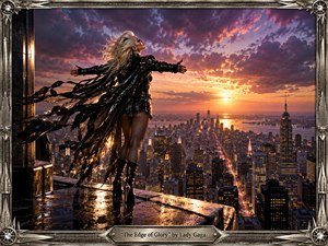 A glamorous singer stands at a rain-slick rooftop edge above a glowing city, arms outstretched toward a fiery sunset. Wind-whipped platinum hair and black sequined ribbons heighten the triumphant, exhilarating mood. Golden reflections, violet storm clouds, cinematic lighting, and an ornate Art Deco metal frame create a dramatic, polished visual spectacle.