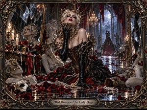 A glamorous woman in black and crimson dominates a decadent moonlit ballroom, surrounded by shattered mirrors, roses, pearls, statues, and scattered masks. Candlelight glows against polished floors and ornate metalwork, creating a seductive, dangerous atmosphere. Gothic luxury, dramatic shadows, deep reds, black textures, and sculptural details heighten the theatrical tension.