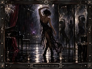 A solitary dancer moves through a shadowy cabaret, framed by a grand piano, crimson curtains, reflective floors, and ghostlike figures behind glass. Deep blacks, silver highlights, muted violet, and wine-red accents create a tense, nocturnal mood. Dramatic backlighting, textured brushwork, and ornate metal framing give the scene a dark, theatrical elegance.