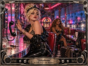 Two glamorous women command a neon-soaked retro diner, one poised beside a black telephone while the other lounges in a red booth. Hot pink, electric blue, chrome, and glossy black create a tense, rebellious mood. Rainy windows, police lights, jukebox glow, reflective surfaces, and an ornate metallic frame heighten the cinematic, handcrafted detail.