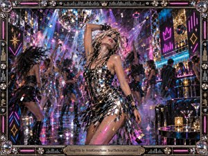 A glamorous dancer commands a crowded nightclub beneath a giant mirrored disco ball, surrounded by swirling confetti, reflective costumes, and pulsing neon light. Electric pink, blue, silver, and gold fill the energetic scene, while glossy surfaces and metallic textures create a decadent, high-energy late-night atmosphere.
