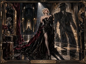 A glamorous woman in a sculptural black gown stands within a vast Art Deco marble hall, surrounded by looming shadows, cracked walls, mirrors, and crimson drapery. Dramatic overhead light cuts through the darkness, creating a tense, theatrical mood. Bronze framing, reflective floors, smoky textures, and noir styling deepen the images mysterious elegance.