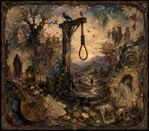 A weathered gallows rises over a winding mountain path, surrounded by ravens, shadowed travelers, ghostly faces, scattered coins, old keys, a lute, skull, candle, and faded papers. Rich painted textures and softened edges create a haunting memory of desperation, bargaining, fate, and approaching judgment.