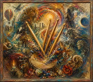 Four golden drumsticks rise from a weathered drum amid swirling sunlight, painted rhythms, and dreamlike fragments. A horse, owl, raven, balloon, candle, feather, vintage car, crystals, flowers, and mysterious figures merge through vivid texture. Softened edges suggest fading memories, while the ornate frame contains the energetic musical vision.