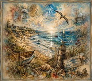A luminous seaside memory unfolds through sunlit waves, sailing boats, soaring gulls, weathered cottages, wild grasses, shells, driftwood, and a resting rowboat. Dreamlike faces and nautical fragments dissolve into textured clouds, while distant figures stroll the shoreline. Feathered edges and a rustic frame deepen the nostalgic, peaceful atmosphere.
