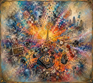 A vibrant explosion of radios, telephones, signal towers, sound waves, city fragments, and ghostly faces captures the frantic energy of communication breaking apart. Fiery orange and electric blue textures collide across the canvas, while scattered wires, musical notes, and fading figures dissolve into memory beneath a weathered ornamental frame.