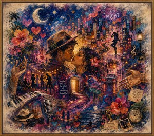 A vibrant romantic city dreamscape surrounds a couple sharing an intimate moment beneath a glowing moon. Dancing silhouettes, tropical flowers, musical notes, vintage objects, hearts, winding streets, and hopeful messages blend through rich painted textures. Feathered edges evoke fading memories, while a warm golden frame completes the lively composition.