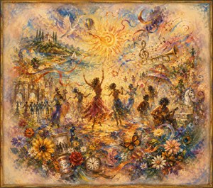 A radiant festival unfolds beneath a swirling golden sun, where dancers, musicians, flowers, ribbons, birds, and dreamlike keepsakes merge into joyful motion. Warm textured brushwork fills the scene with celebration and nostalgia, while butterflies, instruments, distant landscapes, and fading edges create the feeling of a treasured summer memory.