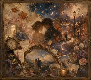 A glowing romantic collage captures two lovers surrounded by autumn leaves, handwritten letters, vintage photographs, flowers, candlelight, and a weathered clock. A winding rainlit road leads toward a distant city beneath stars and a crescent moon, while softened edges and golden textures transform each detail into a fading memory.