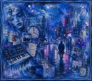 A solitary figure walks through a rain-soaked neon city, surrounded by clocks, records, synthesizers, photographs, flowers, birds, and fading faces. Deep blues, violet reflections, and distressed textures create a melancholic electronic dreamscape. Feathered edges suggest distant memories, while the weathered blue frame completes the moody composition.