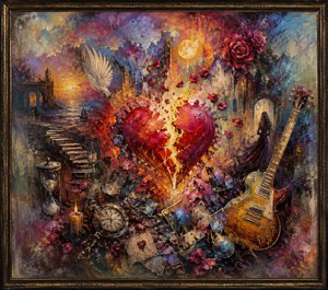 A blazing fractured heart dominates this richly textured dreamscape, surrounded by roses, drifting petals, a vintage guitar, clocks, candles, letters, and shattered memories. A distant woman, white dove, moonlit ruins, and winding steps deepen the atmosphere of longing. Fiery colors fade softly into shadow beneath an antique frame.