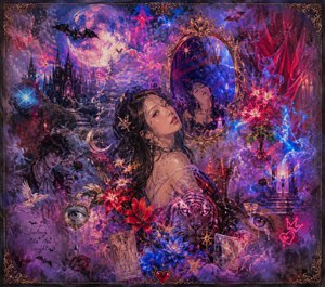 A luminous gothic dreamscape surrounds a mysterious woman beneath a glowing moon. Bats, flowers, mirrors, castle towers, jeweled eyes, tarot cards, and a watchful tiger emerge through vivid purple, blue, and crimson textures. Soft feathered edges and an ornate golden frame create the feeling of a glamorous memory fading into night.