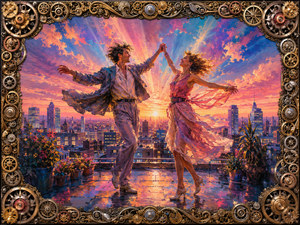 High above a glowing city, a couple spins across a rain-polished rooftop as sunrise explodes through peach, violet, and electric-blue clouds. Wind catches their clothes while flowers brighten the terrace. An intricate mixed-metal sprocket frame transforms their exuberant dance into a celebration of love and elevation.