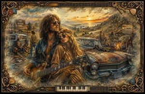 A richly painted 1970 rock memory shows a free-spirited couple beside a weathered flower-covered Cadillac, surrounded by wandering hippies, musicians, a campfire, and a distant coastal sunset. Feathered edges soften the scene, while an ornate border of guitar strings, picks, piano keys, and brass scrollwork beautifully completes the nostalgic composition.