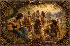 A sunlit gathering of 1970s hippies shares music, laughter, and companionship beside a tranquil river. Warm golden brushwork and softly feathered edges give the scene a dreamlike memory quality. An ornate border of guitar strings, glowing picks, vintage keys, and intricate corners frames the celebration like treasured album art.