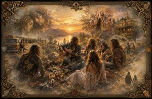 A golden 1970s gathering unfolds beside a mountain lake, where long-haired friends share music, love, and fading dreams. An acoustic guitarist anchors the nostalgic scene while ghostlike memories of romance, celebration, travel, and departure dissolve into the edges. Ornate guitar strings, picks, and antique keys form the intricate frame.