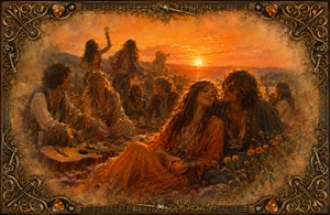 A glowing tangerine sunset surrounds a joyful 1970 hippie gathering, where friends relax among wildflowers, patterned blankets, and an acoustic guitar. A peaceful couple shares a tender moment as distant dancers fade into memory. Ornate guitar strings, picks, antique keys, and golden filigree form the richly detailed frame.