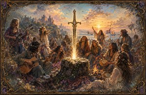 A joyful 1970s hippie gathering surrounds a glowing jeweled sword embedded in an ancient stone. Musicians, dancers, wildflowers, ships, and a distant castle fill the golden coastal landscape. Soft, memory-like edges fade into an ornate frame woven from guitar strings, picks, keys, and intricate corners.