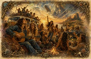 A sunlit 1970 hippie gathering unfolds beside a psychedelic van, vintage convertible, campfire, and winding coastal road. Musicians, dancers, and laughing friends celebrate beneath a surreal zeppelin and ghostly guitarist in the clouds. Feathered memory-like edges and an ornate frame of guitar strings, picks, and keys complete the scene beautifully.