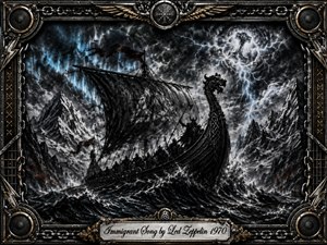 A Viking longship surges through violent black seas beneath jagged snowy mountains and a lightning-filled sky. Deep feathered charcoal textures, steel blues, silver highlights, and faint ember reds create a fierce mythic mood. An ornate metal frame of chains, speakers, runes, and gold accents surrounds the dramatic storm-lit composition.