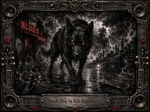 A fierce black dog strides through a storm-darkened industrial street, its amber eyes glowing beneath swirling smoke and lightning. Deep charcoal textures create a gritty, ominous blues-rock mood, accented by red neon and muted gold. Guitar strings, amplifiers, and a fallen microphone surround the scene within an ornate metallic music-themed frame.