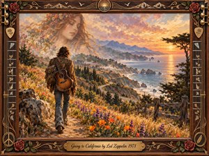 A solitary bohemian traveler carrying an acoustic guitar overlooks Californias rugged coast at sunset, surrounded by golden grasses and vivid wildflowers. A dreamlike womans face dissolves into the luminous sky above distant mountains and winding highway. Warm amber, coral, and blue tones blend in a romantic painterly style within an ornate rosewood-and-gold musical frame.