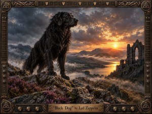 A powerful black dog stands on rugged, heather-covered rocks above a misty mountain valley, watching a fiery sunset break through storm clouds. Ancient ruins rise beside reflective water, creating a mysterious, mythic mood. Rich blacks, bronze, gold, and violet tones complement the detailed fantasy realism and ornate guitar-inspired metal frame.