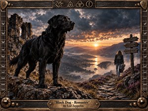 A powerful black dog stands on a rocky mountain ridge beneath turbulent storm clouds and a glowing sunset. A lone traveler carrying a guitar case walks toward a misty valley and winding waterway. Warm gold, charcoal, and earthy tones create a dramatic, cinematic mood, framed by ornate, weathered guitar-inspired metalwork.