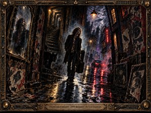 A solitary musician wanders through a rain-soaked, decaying city alley beneath stormy violet skies, surrounded by smoke, tangled cables, peeling posters, and eerie shadows. Amber streetlights and crimson reflections shimmer across wet pavement, creating a restless, disoriented mood. Ornate aged-metal framing reinforces the dark, handcrafted psychedelic-rock atmosphere.