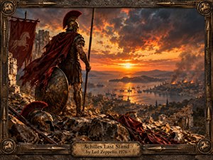 A battle-worn warrior stands on a rocky ridge above a burning coastal city, framed by ornate bronze metalwork and scattered armor. Fiery sunset light cuts through storm clouds, casting red, gold, and charcoal tones across ships and ruins. The cinematic, painterly scene feels heroic, tragic, ancient, and relentlessly dramatic.