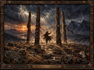 Four towering carved wooden pillars frame a lone ritual figure crossing a windswept mountain plateau beneath a violent storm. Golden sunset light breaks through charcoal clouds, illuminating rocky paths, distant peaks, fluttering ribbons, and weathered symbols. Rich browns, bronze, crimson, and slate create a primal, dramatic, handcrafted atmosphere.