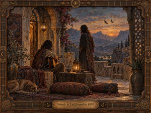 Two friends share a tranquil stone terrace overlooking rugged mountains at sunset, one seated with a guitar while the other watches the glowing horizon. Warm lantern light, woven rugs, carved arches, flowering vines, and earthy textiles create an intimate, reflective mood in richly textured, handcrafted oil-paint style.
